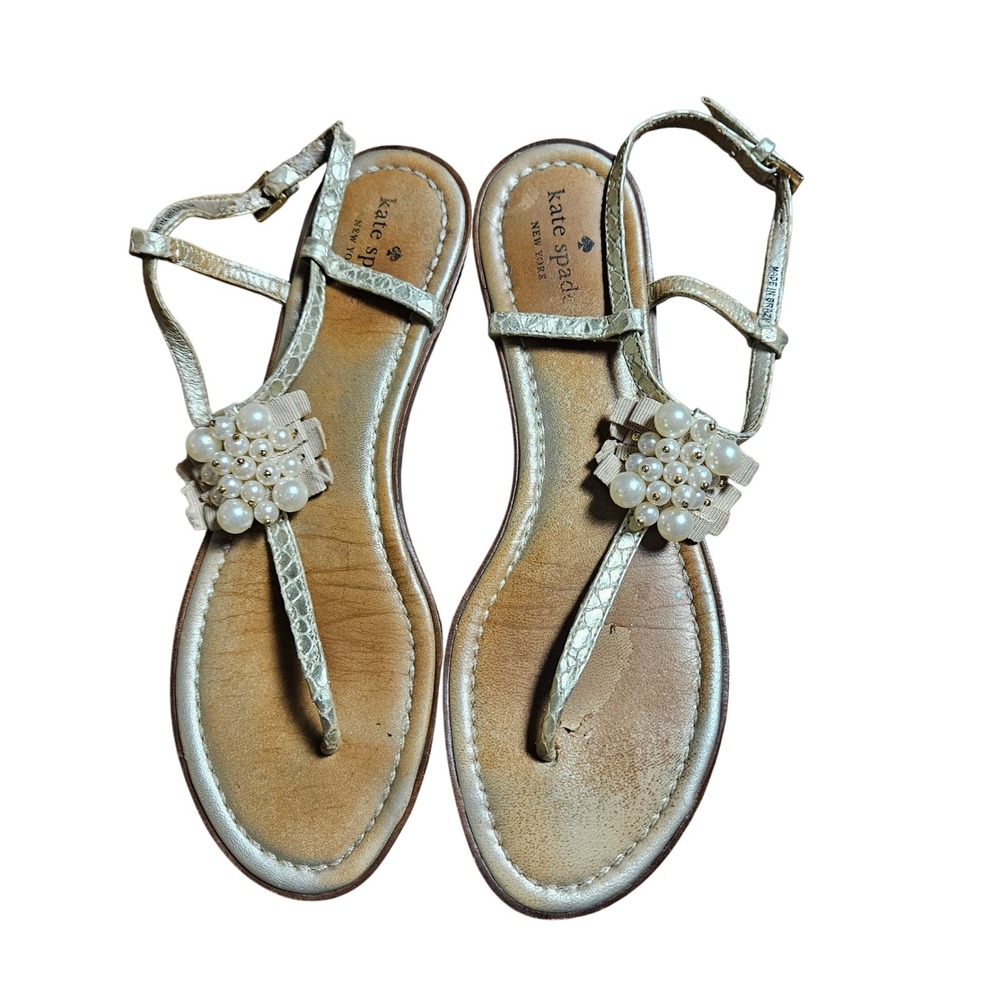 Kate Spade New York Hedy Sandals 9M Gold Pearl Embellished Thong Strappy Beach